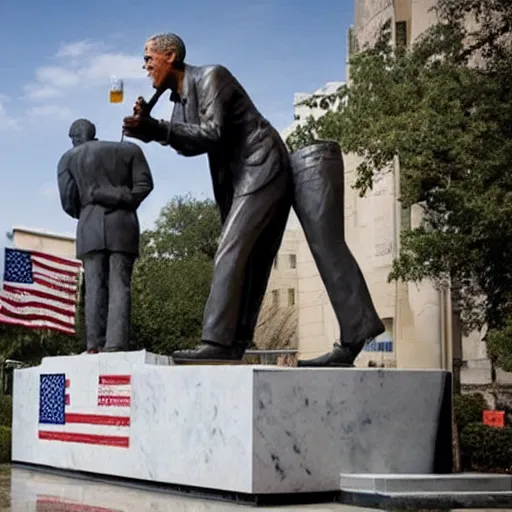 Image similar to a statue of obama drinking beer, handcrafted marble, presidential statue, obama, beer