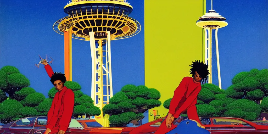 Image similar to playboi carti posing in front of the space needle, acid and dreaming psychedelic hallucinations, by kawase hasui, moebius and edward hopper, colorful flat surreal design, hd, 8 k, artstation