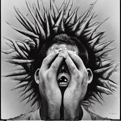 Image similar to a man experiencing his third eye pineal gland exploding out of the front of his forehead as he is able to perceive all of the thoughts of mankind. body horror. by gerald grom and ansel adams.