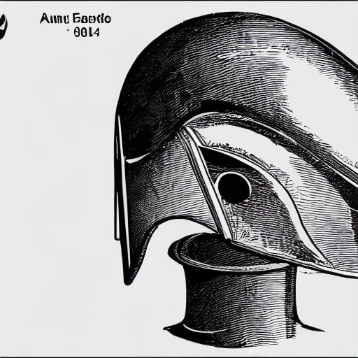Image similar to a patent drawing of an intricate detailed vr headset from the future in the shape of a medieval knight helmet, extremely detailed alien technology vr!!! headset, with arrows and side angels