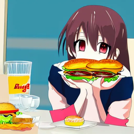 arafed girl holding a hamburger in front of a shelf of hamburgers, super  realistic food picture, realistic anime 3 d style, eating burgers,  realistic anime artstyle - SeaArt AI