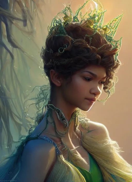 Prompt: beautiful young zendaya as tiana princess, closeup, d & d, fantasy, intricate, elegant, highly detailed, digital painting, artstation, concept art, matte, sharp focus, illustration, art by artgerm and greg rutkowski and alphonse mucha