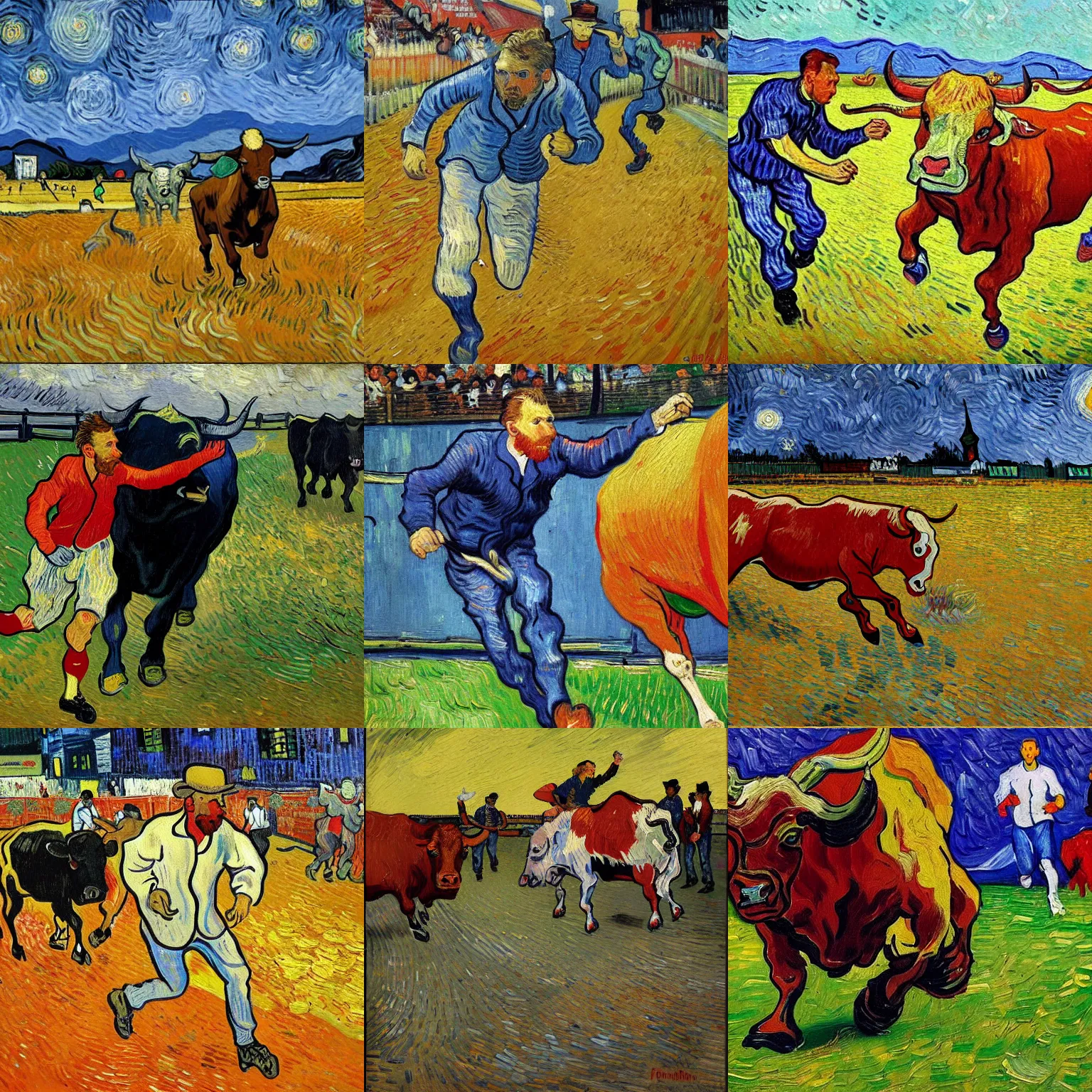 Prompt: a painting of van gogh running in panic from a bull in the day of San Firmino in Pamplona. style of van gogh. Oil on camvas