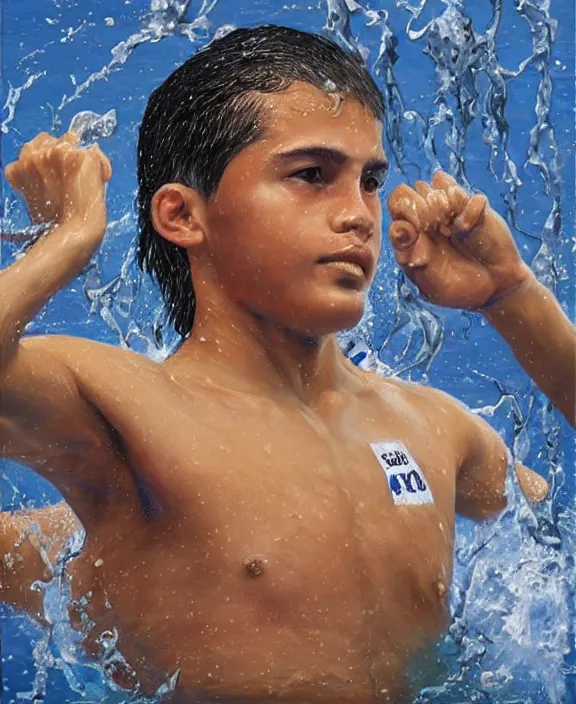 Image similar to heroic portrait of a young mexican swimmer. art by denys tsiperko and bogdan rezunenko, hyperrealism