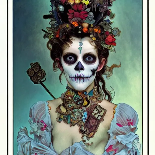 Image similar to realistic detailed photograph of a cute punk Día de los Muertos girl by Mario Testino Alphonse Mucha Ayami Kojima Amano Charlie Bowater, masterpiece