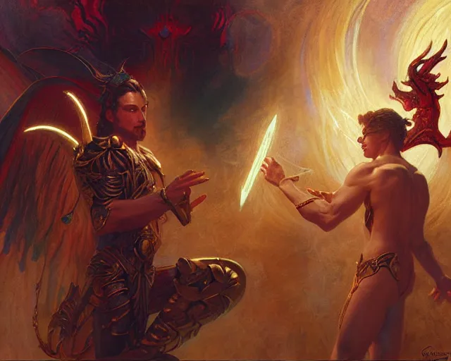 Image similar to attractive male deity, casting demonic magic, summoning handsome lucifer morning star. highly detailed painting by gaston bussiere, craig mullins, j. c. leyendecker 8 k