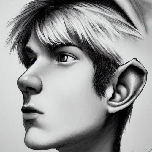 Prompt: close up headshot of a fantasy elf with short blonde hair, small ears and a strong jawline, 3/4 profile, character art, concept art, painting by Edward Robert Hughes