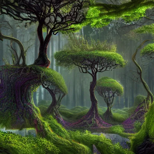 Image similar to a fabulous, otherworldly forest in a wonderful fantasy world, ultrarealistic, ultradetailed, 8 k