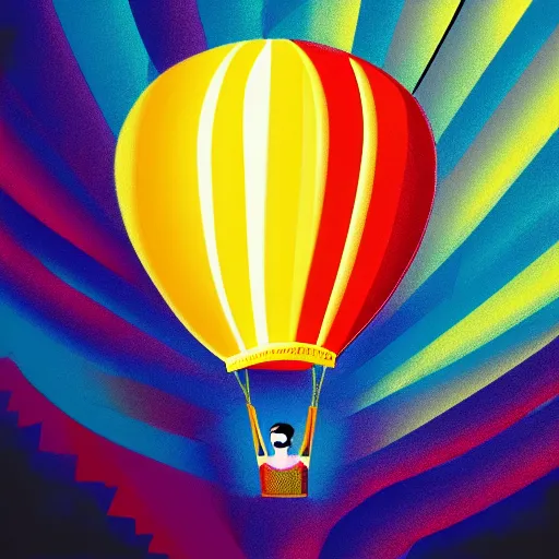 Prompt: single man flying in hot air balloon in the colorful space, in the style of greg rutsowski, dark background, hyper realistic