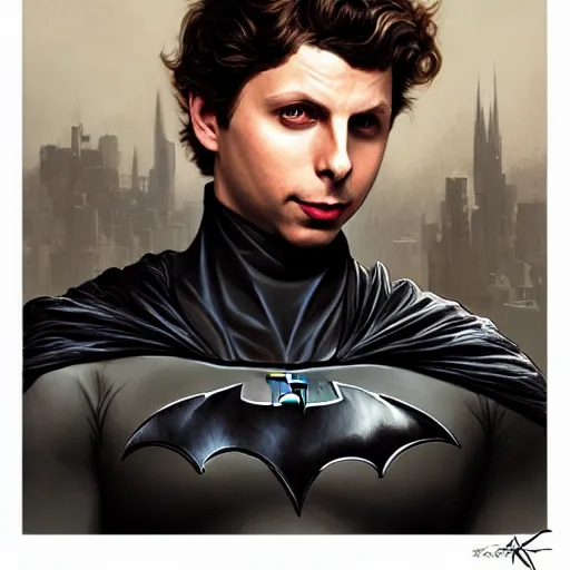 Image similar to handsome Michael Cera as Batman, western, D&D, fantasy, intricate, elegant, highly detailed, digital painting, artstation, concept art, matte, sharp focus, illustration, art by Artgerm and Greg Rutkowski and Alphonse Mucha