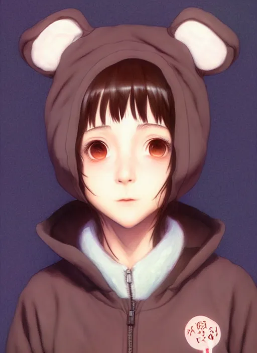 Image similar to a beautiful portrait painting of lain from serial experiments : lain wearing a bear onesie. character design by shinji aramaki, charlie bowater, ross tran, artgerm, and makoto shinkai