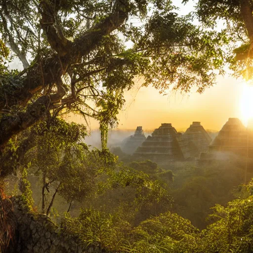 Prompt: Sunrise in the jungle over an ancient Mayan city.