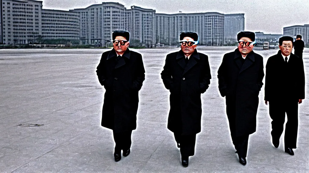 Image similar to kim jong - il walking in 1 9 6 0 s pyongyang, film noir thriller in the style of orson welles and andrei tarkovski