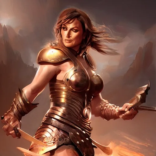 Prompt: Mariska Hargitay as a warrior by Stanley Artgerm Lau, WLOP, Rossdraws, Frank Frazetta, Andrei Riabovitchev, Marc Simonetti, trending on artstation.