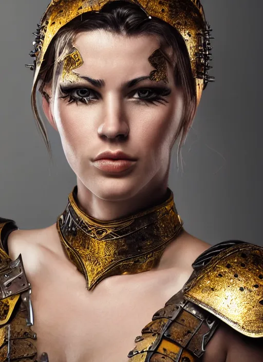 Prompt: close - up portrait of beautiful young woman dressed gladiator with metallic armor, art by uwe ommer