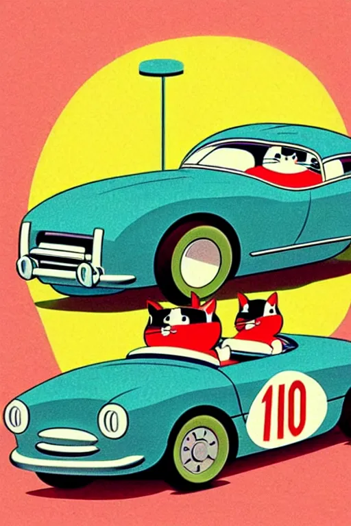 Prompt: by richard scarry. car racer cat. a 1 9 5 0 s retro illustration. studio ghibli. muted colors, detailed