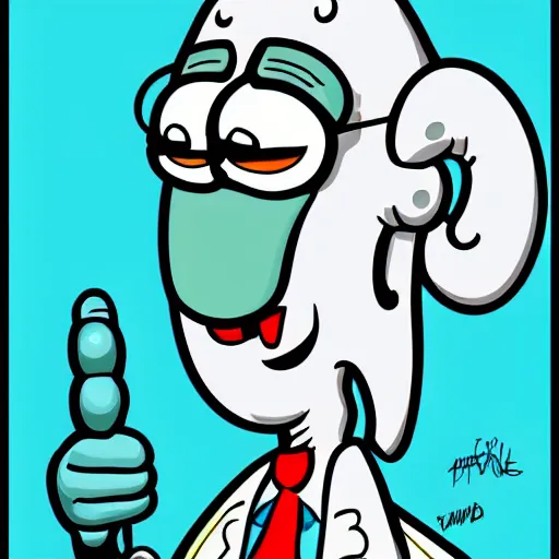 Image similar to handsome squidward as male, detailed cartoon lines, pop art style, portrait, detailed painting