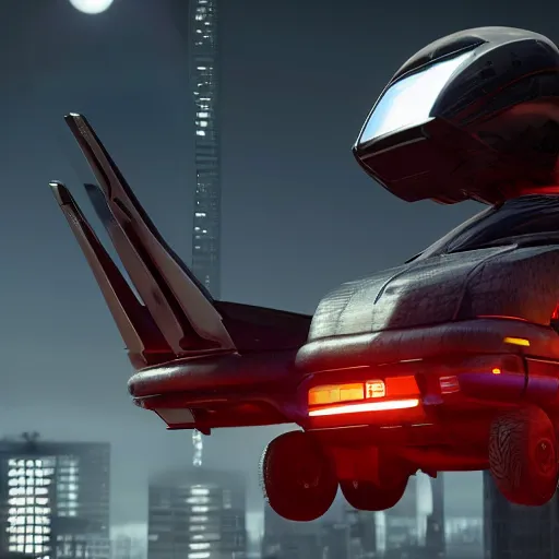 Image similar to cyberpunk alien concept of the a - team van with a pair of airplane wings on the sides flying trough the sky, futuristic look, highly detailed body, very powerful, photorealistic camera shot, crisp quality and light reflections, unreal engine 5 quality render