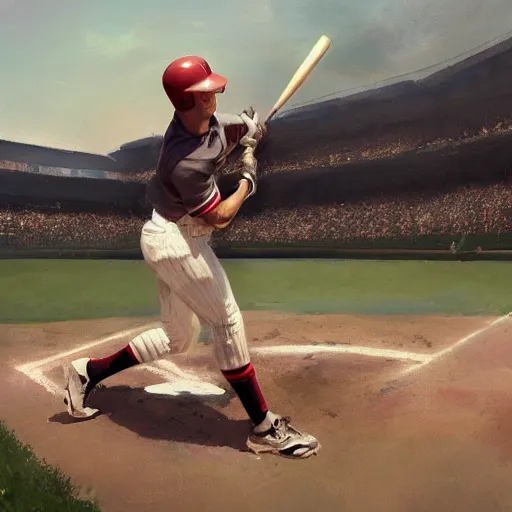 Image similar to baseball player hitting the ball with the baseball bat in the middle of the game and in front of everyone in the stadium, james gurney painting style, greg rutkowski, artstation