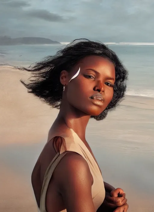 Prompt: attractive dark skinned woman wearing contemporary clothes, ultra - realistic, studio lighting, at the beach photography by greg rutkowski