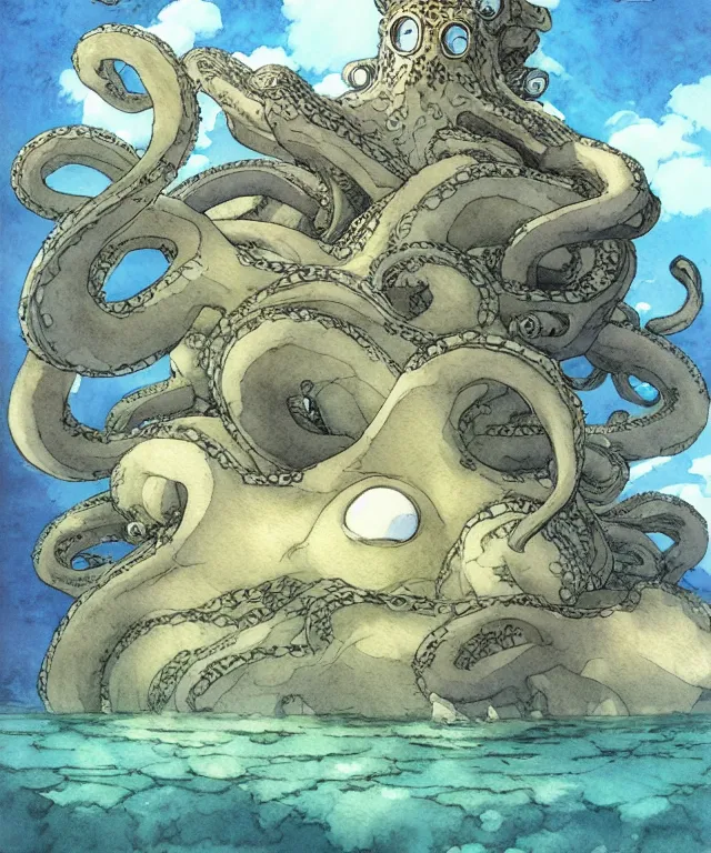 Prompt: a hyperrealist studio ghibli watercolor fantasy concept art of a giant grey octopus sitting on top of stonehenge underwater. by rebecca guay, michael kaluta, charles vess