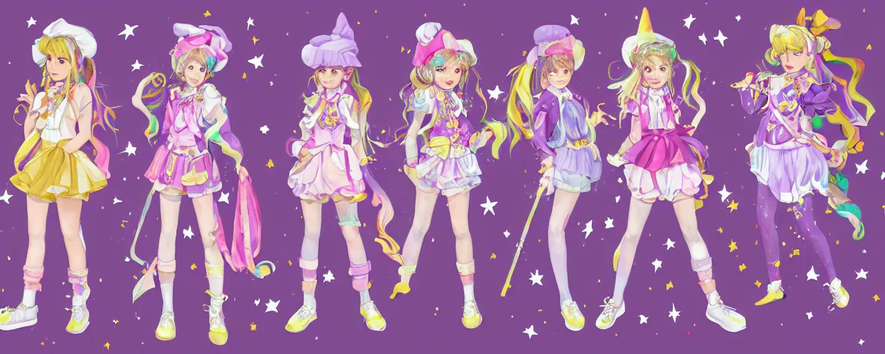 Prompt: A character sheet of full body cute magical girls with short blond hair wearing an oversized purple Beret, Purple overall shorts, Short Puffy pants made of silk, pointy jester shoes, a big billowy scarf, and white leggings. Rainbow accessories all over. Flowing fabric. Golden Ribbon. Covered in stars. Fancy Dress. Jasmine Pants. Short Hair. Art by Johannes Helgeson and william-adolphe bouguereau and Paul Delaroche and Alexandre Cabanel and Lawrence Alma-Tadema and WLOP and Artgerm. Fashion Photography. Decora Fashion. harajuku street fashion. Kawaii Design. Intricate, elegant, Highly Detailed. Smooth, Sharp Focus, Illustration Photo real. realistic. Hyper Realistic. Sunlit. Moonlight. Dreamlike. Fantasy Concept Art. Surrounded by clouds. 4K. UHD. Denoise.
