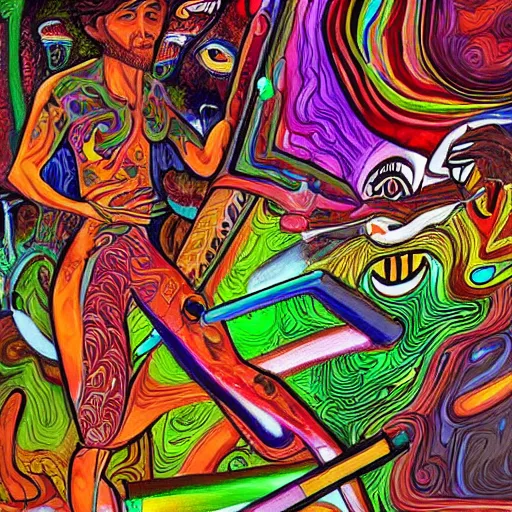 Prompt: high detailed psychedelic painting of a traditional artist fighting an digital ai artist