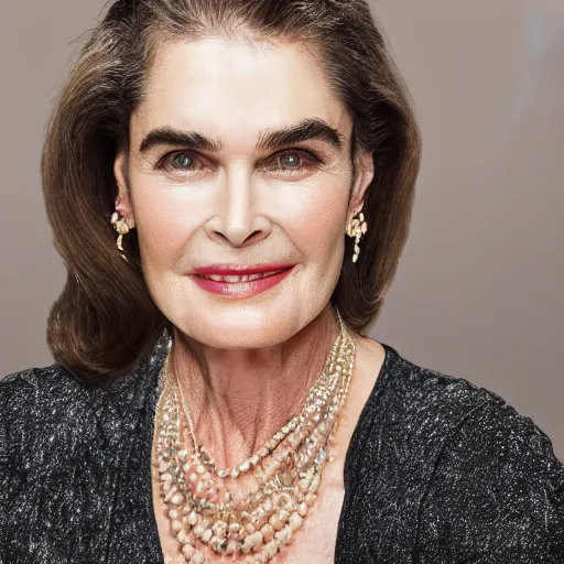 Prompt: old brooke shields actress at age 9 0 years old, color ( sony a 7 r iv, symmetric balance, polarizing filter, photolab, lightroom, 4 k, dolby vision, photography award ), vogue, perfect face