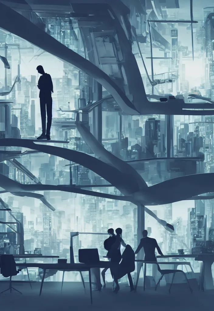 Image similar to silhouette of hugging couple, sitted husband at his futuritic desk, windiw with a futuristic city, rossdraws, global illumination, radiant light, detailed and intricate environment