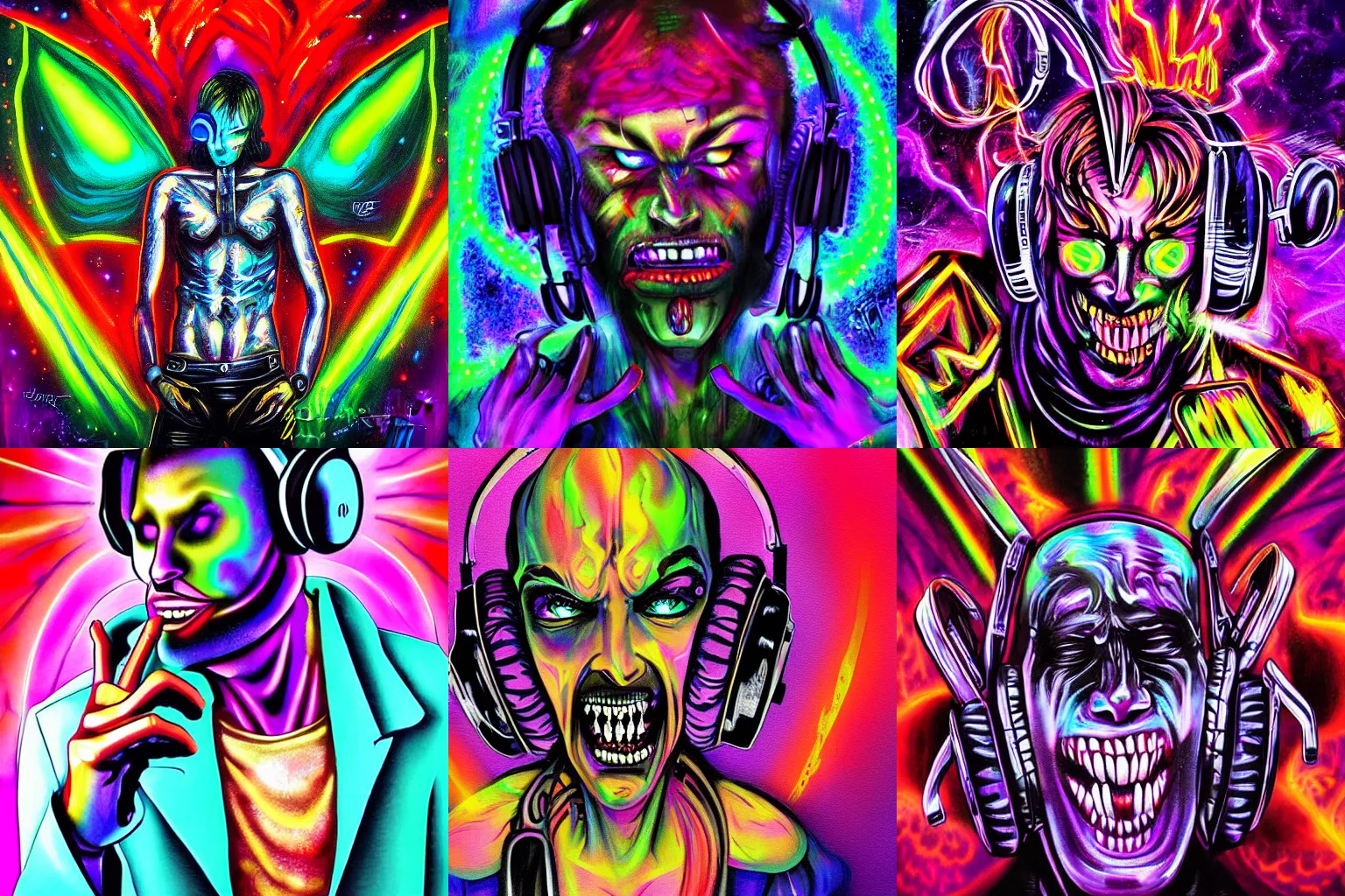 Prompt: psychedelic cyberpunk demon painting, rocking out, headphones DJ Rave, digital artwork