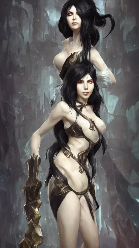 Image similar to tall woman with black hair and pale skin, from league of legends, as human, au naturel, hyper detailed, digital art, trending in artstation, cinematic lighting, studio quality, smooth render, unreal engine 5 rendered, octane rendered, art style by klimt and nixeu and ian sprigger and wlop and krenz cushart!