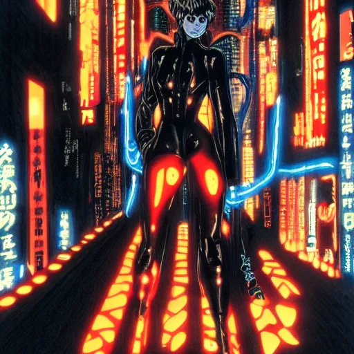 Prompt: bladerunner women wearing a black or orange jumpsuit and a biomechanical mask with glowing eyes in the style of akira, dynamic pose, smooth, sharp focus, hat lines, filmgrain, zeiss lens, 9 0 s anime,