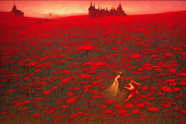 Image similar to only with red, red flowers of different types, a castle in the background, red orcs and trolls dance over the flowers, in the style of beksinski, part by hopper, part by rodcenko, part by hofbauer, intricate composition, red by caravaggio, insanely quality, highly detailed, masterpiece, red light, artstation, 8 k