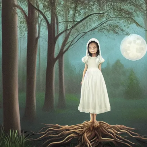 Prompt: a painting of a girl in a white dress sitting on the roots of a gigantic ancient tree next to a pond, surrounded by a towering dark forest, the moon can be glimpsed through the trees and is veiled by fog, midnight, dark fantasy, fantasy forest, spooky forest