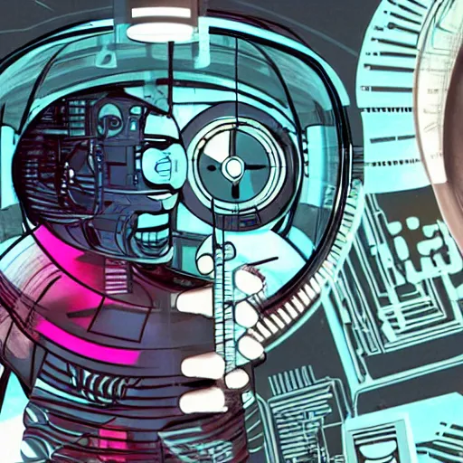 Prompt: a cyborg baby growing in a sci - fi gestation pod, a very cyberpunk scene ; graphic art