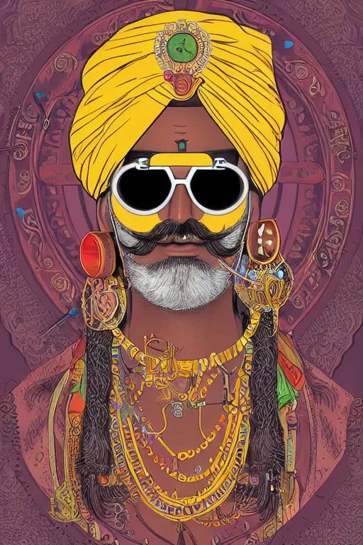 Image similar to face portrait of a rajasthani man with long neon moustache and beard and rajasthani pagdi wearing steampunk goggles and jewelry having lots of tattoos and earrings, art by butcher billy and mucha, sticker, colorful, illustration, highly detailed, simple, smooth and clean vector curves, no jagged lines, vector art, smooth