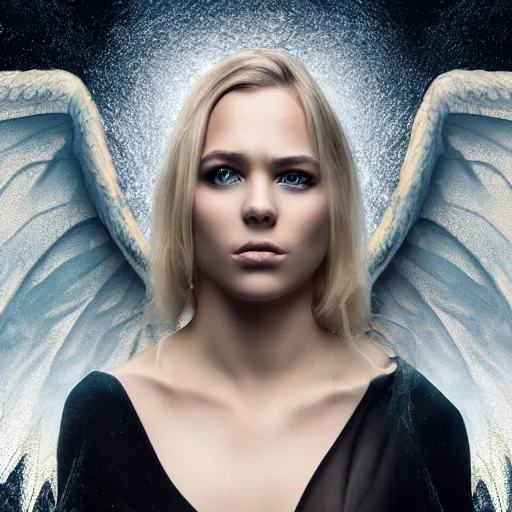 Image similar to very pretty blond female angel with huge dragon wings in a dark forest, perfect symmetrical face, shallow depth of field, moody lighting, single point of light, 8 k, cultural realistic, in the style of martina fackova,