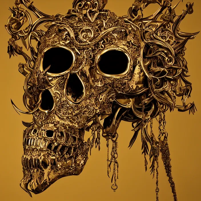 Prompt: photo portrait portrait of skull of wolf, lying on bones, dramatic lighting, golden ornaments, symmetric, intricate skeletal decorations, symmetry, highly detailed, concept art, black, red, white, gold layers, super moon, style of nekroxiii, hyperrealistic