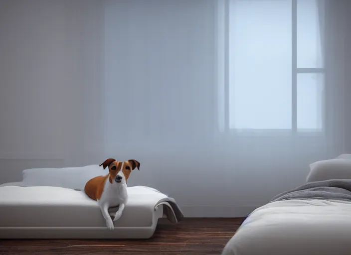 Image similar to photography of a Jack Russel watching outside the window on a bed in a 3d rendered white room, octane render, 3d, foggy, volumetric light, volumetric fog, photorealistic, unreal engine 5, award winning photo, 100mm, sharp, cloth, high res