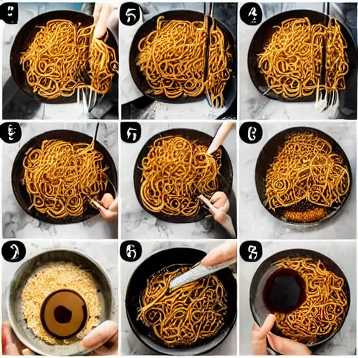 Image similar to making of an edible giraffe from noodles and soy sauce in 4 steps, starting with a bowl of noodles and ending with a noodle giraffe, each step is a progression from the last, dslr