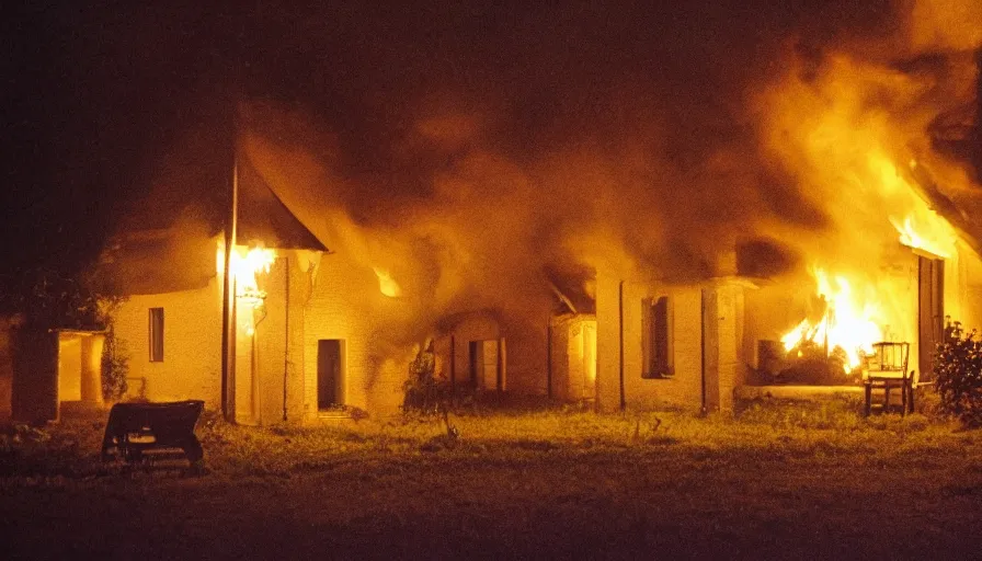 Image similar to 1 9 7 0 s movie still of a heavy burning french style little house by night in autumn, in a small northern french village, by sony mini dv camera, heavy grain, high quality, high detail, dramatic light, anamorphic, flares