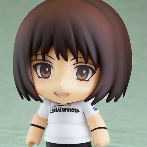 Image similar to nendoroid of a white male who is fat, has dark brown wavy hair, dark brown eyes, a round face and small lips