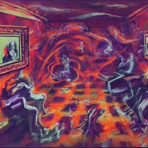 Image similar to lost souls in hell's waiting room by 2 1 st century cyber glitch francis bacon very detailed, colorful, beautiful, eerie, surreal, psychedelic