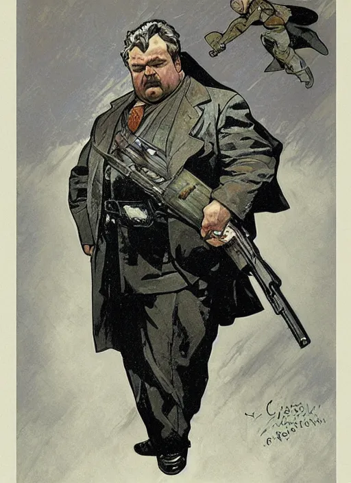 Image similar to gk chesterton as a hero with muscles and a shotgun. portrait by james gurney and craig mullins and alphonso mucha. realistic face. expressive face.