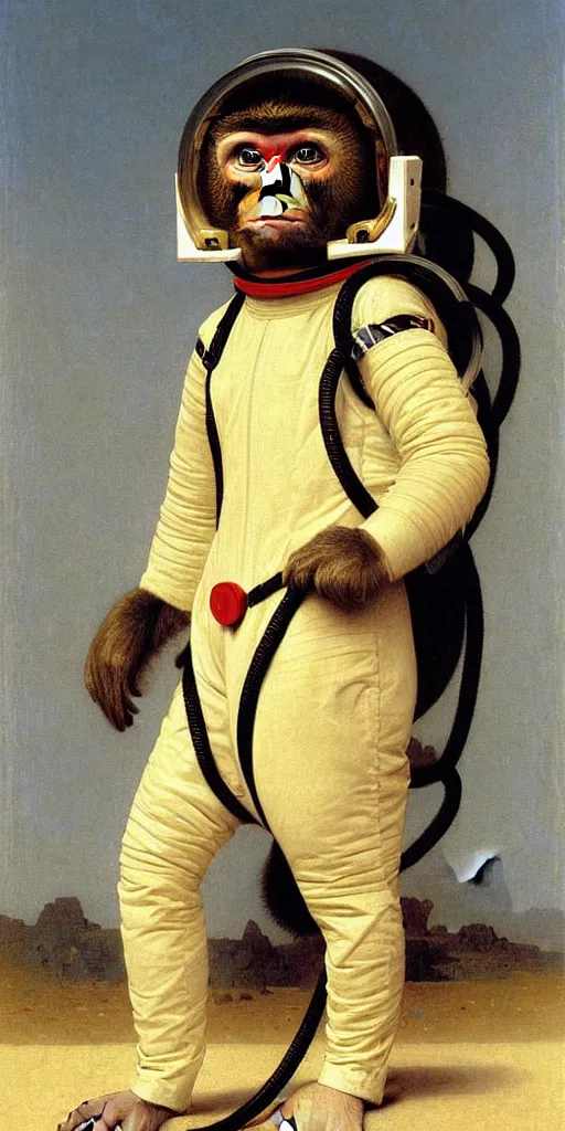 Prompt: portrait of a monkey wearing a spacesuit and an astronaut helmet, by bouguereau