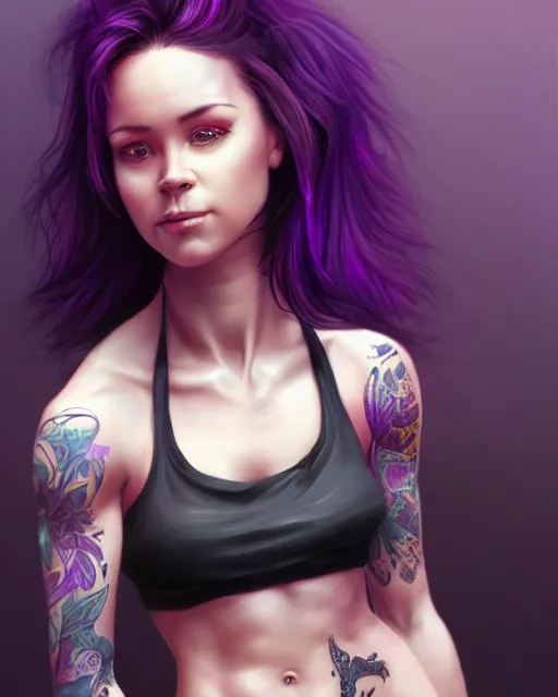 Prompt: cute female tattooist, perfect face, black halter top, purple hair, abs, cinematic, stunning, athletic, strong, agile, highly detailed, psychedelic, digital painting, artstation, smooth, hard focus, illustration, art by jessica rossier and and brian froud