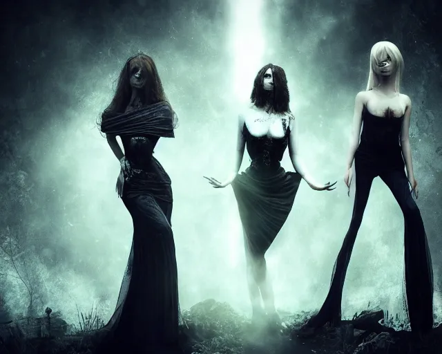 Image similar to three stunning otherworldly gothic goddesses of beauty wearing psychedelic wicca, full body, dark and mysterious, atmospheric, ominous, eerie, cinematic light, epic, 8 k 3 d, ultra detail, ultra realistic