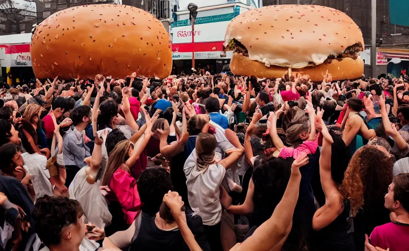 Prompt: a crowd of people dancing in a party around a giant hamburger,
