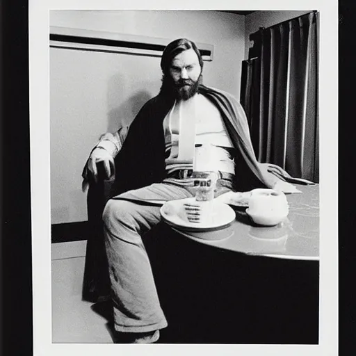 Image similar to obi - wan kenobi drinking a coke in 1 9 8 1, spontaneous portrait, polaroid, rule of thirds