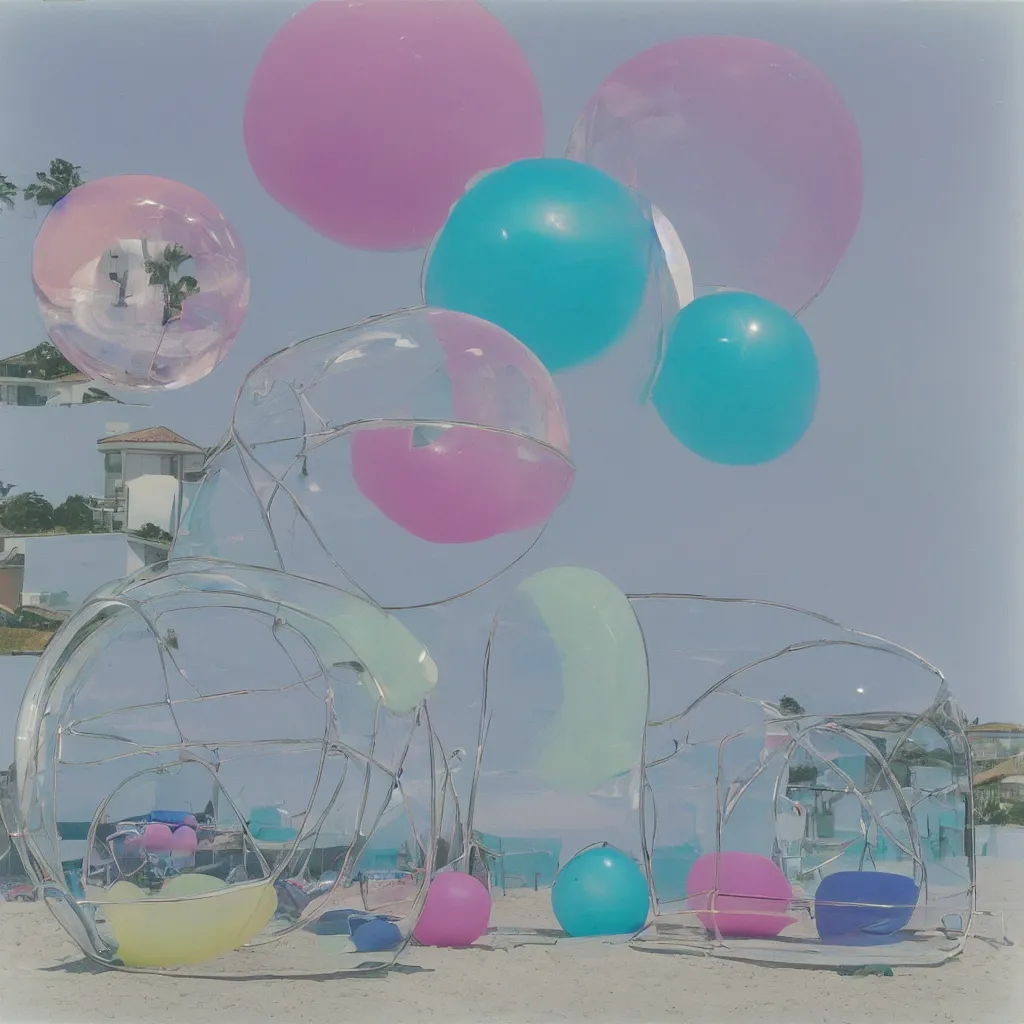 Prompt: a pastel colour high fidelity wide angle Polaroid art photo from a holiday album at a seaside with abstract inflatable parachute furniture, spheres and a sculpture named ‘self care’, all objects made of transparent iridescent Perspex and metallic silver, a grid of sun beds iridescence, nostalgic